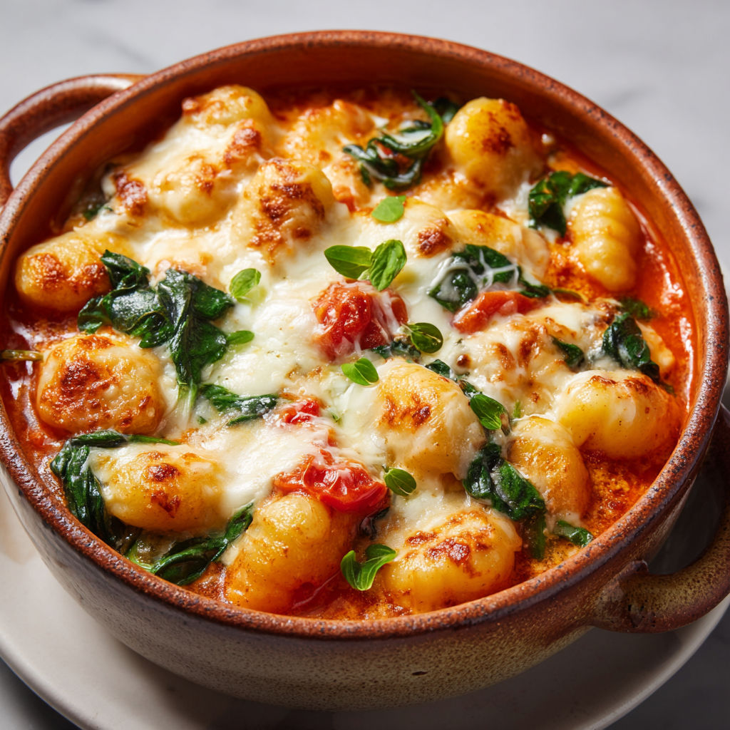 Un bol rustique avec gnocchis gratinés à la mozza, sauce tomate et épinards, bien chaud.