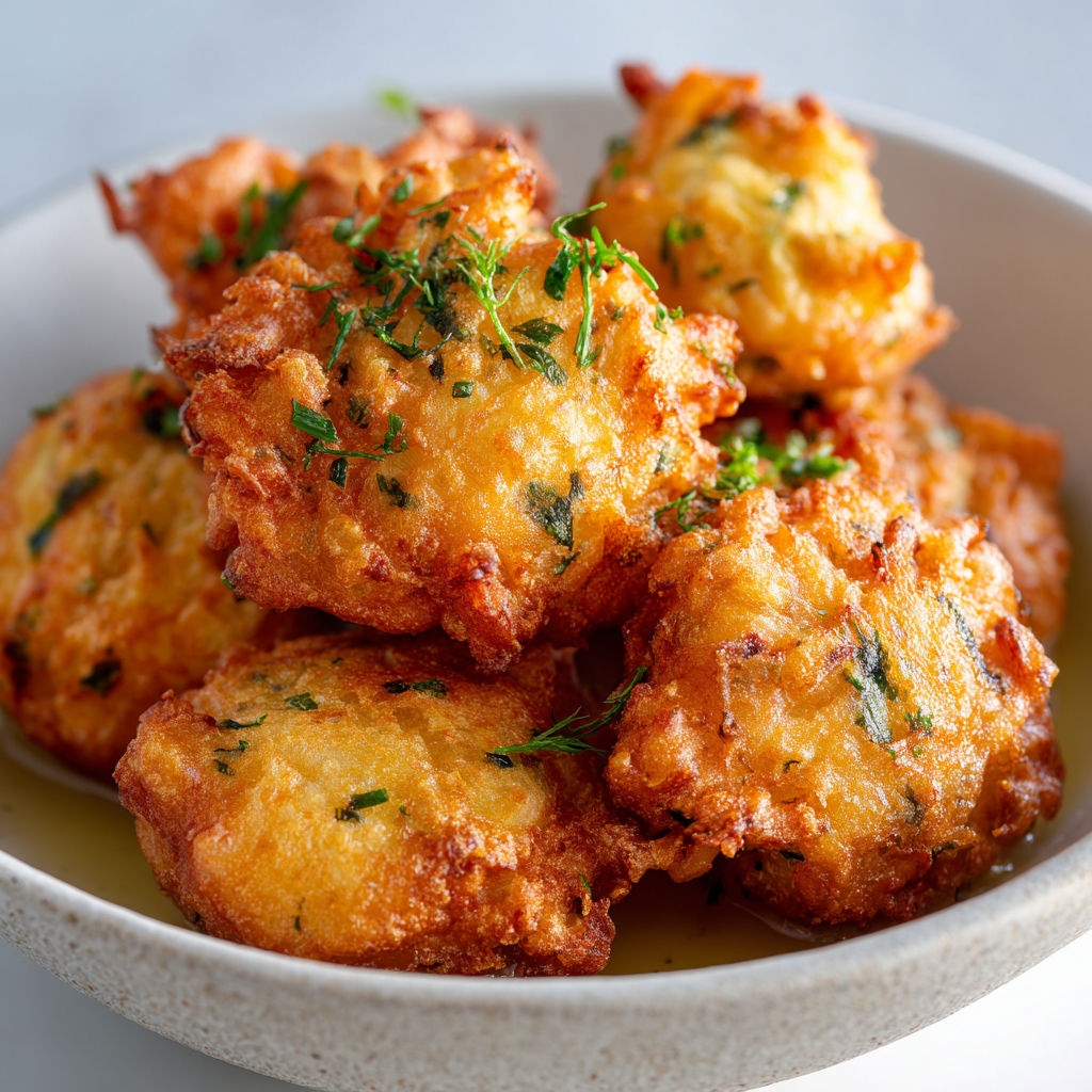 Assiette garnie de savoureux beignets de morue croustillants et maison.