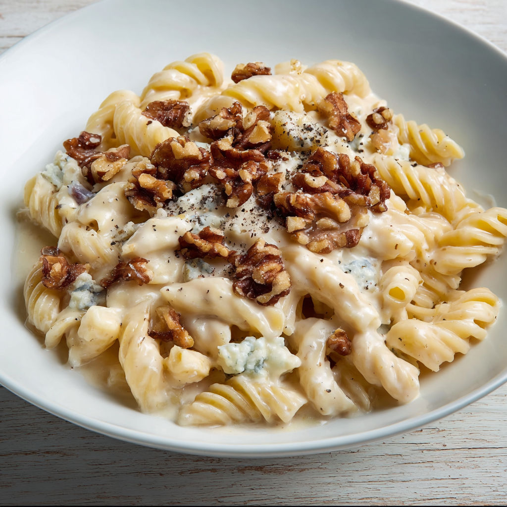 Des pâtes au gorgonzola, onctueuses et parsemées de noix pour un plat rapide et plein de saveurs.