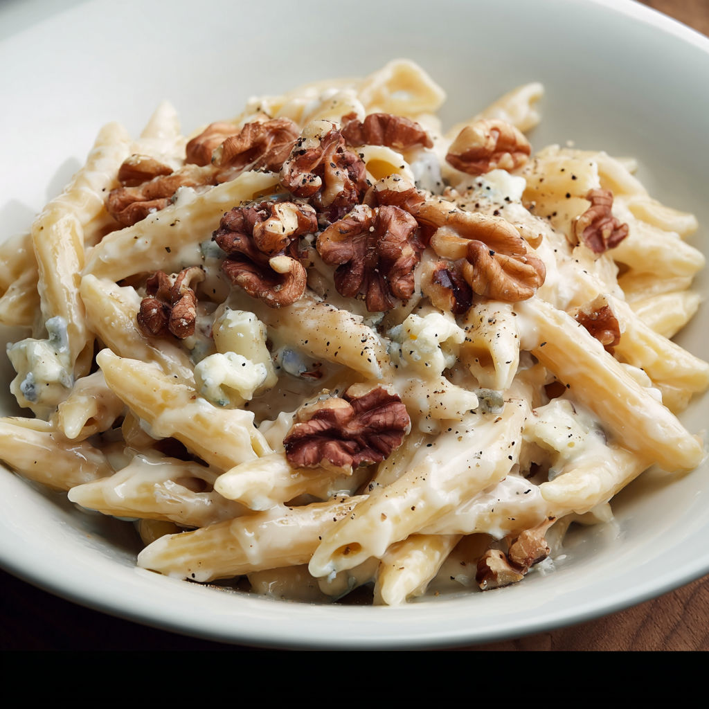 Bol de pâtes toute crémeuse au gorgonzola, onctueuse et bien rapide avec sa touche de croquant.