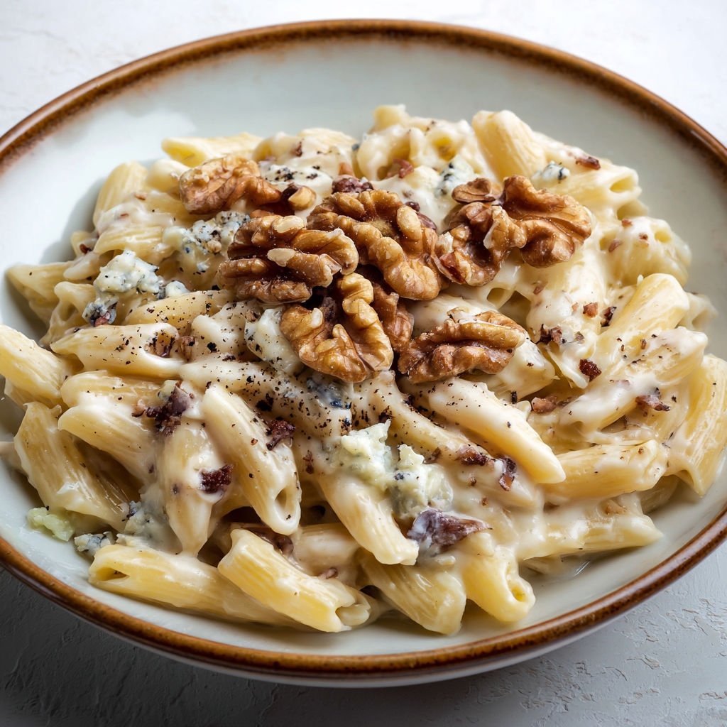 Bol de pâtes toute crémeuse au gorgonzola, onctueuse et bien rapide avec sa touche de croquant.