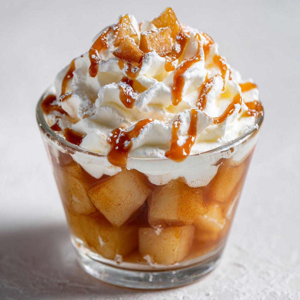 Verrines de pommes au caramel et chantilly, décorées de sauce caramel.