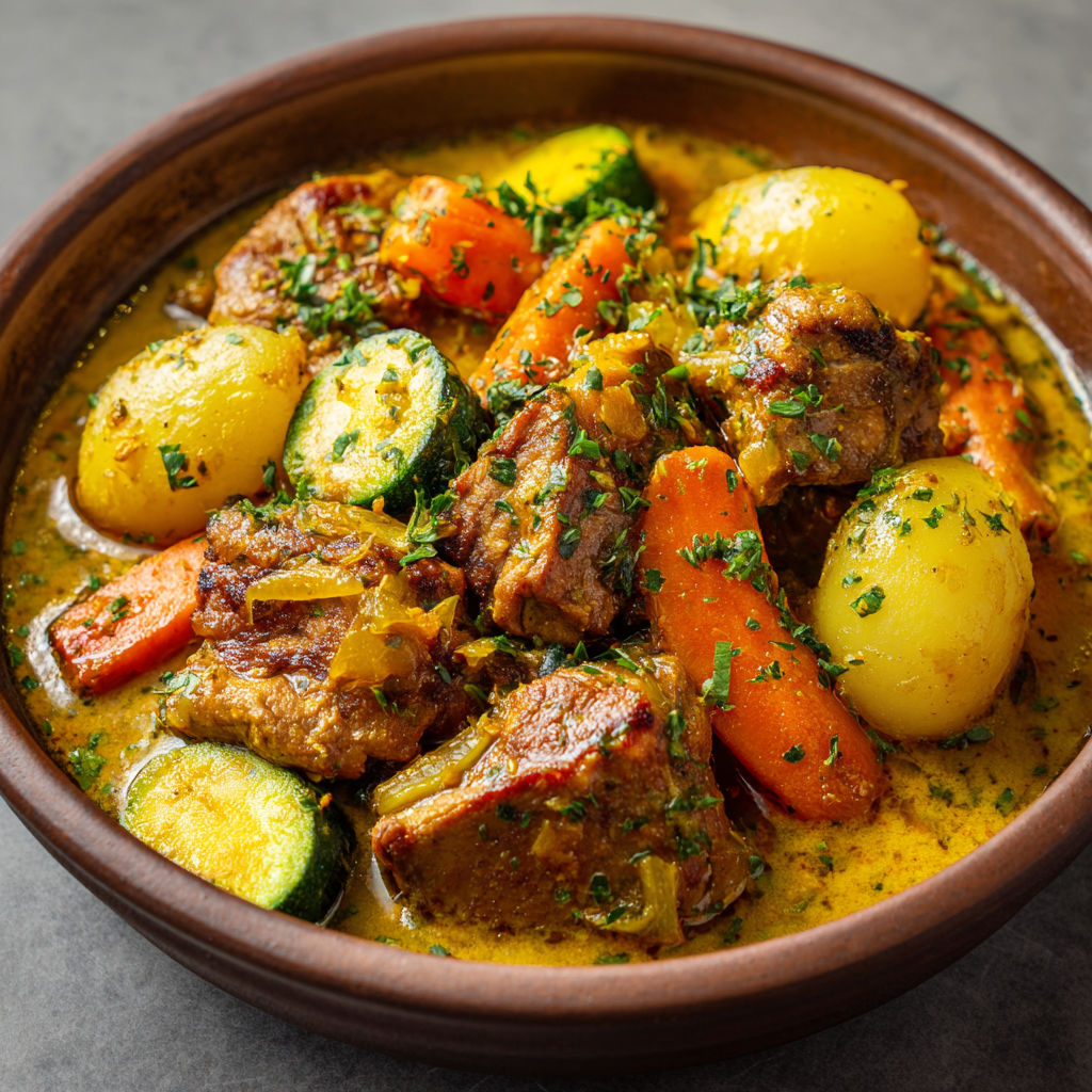 Un colombo de porc des Antilles avec des légumes et des épices pour un plat savoureux.