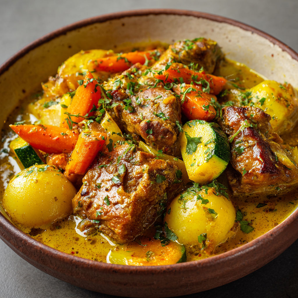 Plat coloré de colombo de porc antillais mijoté, aux épices douces et légumes savoureux.