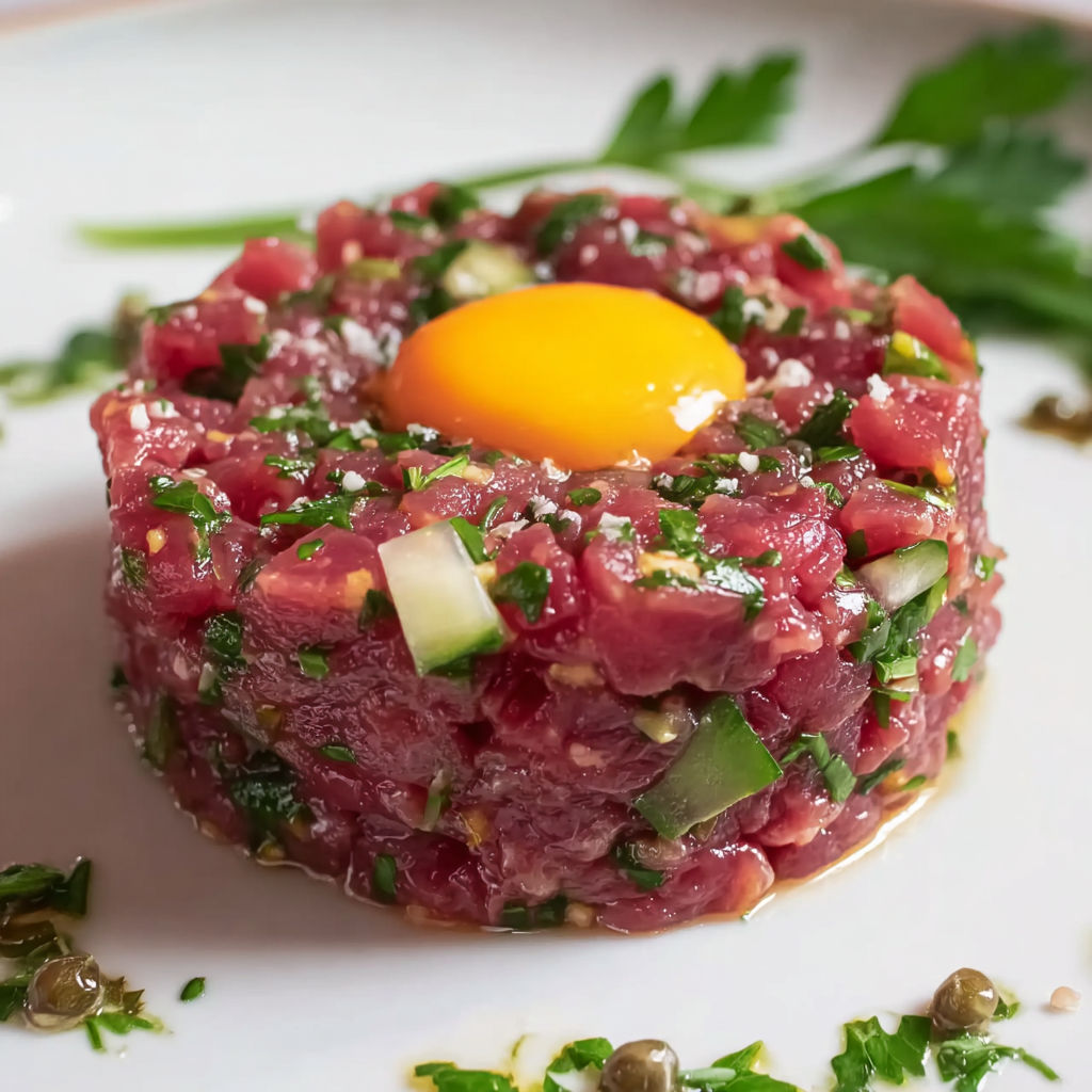 Un tartare de bœuf rétro servi sur une grande assiette.