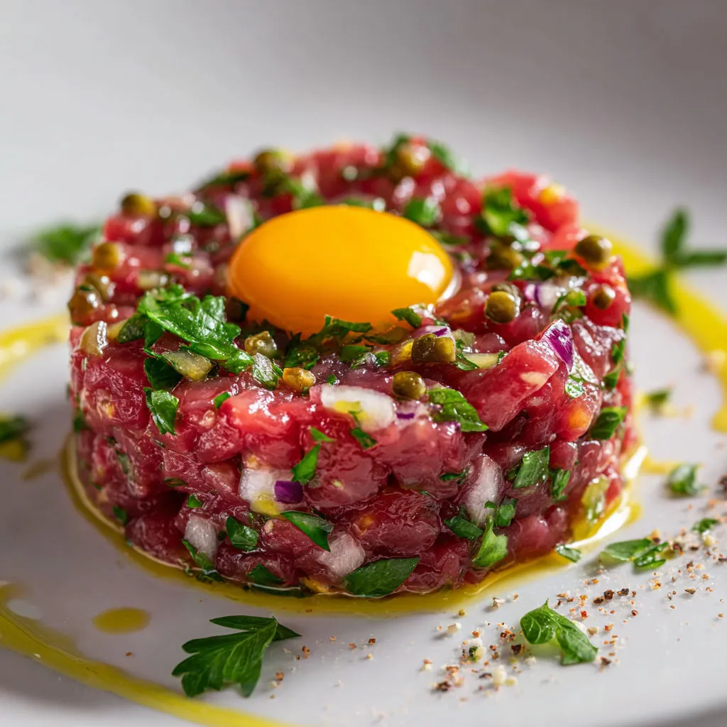Tartare rétro sur assiette, herbes fraîches et une poire en accompagnement.