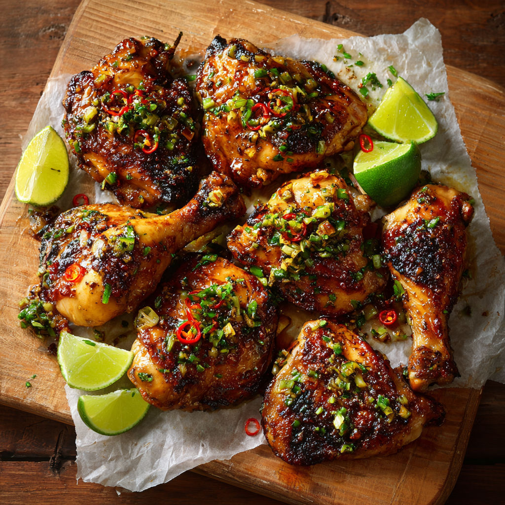 Des morceaux de poulet grillés tout dorés avec des épices et des herbes, servis sur un plateau en bois.
