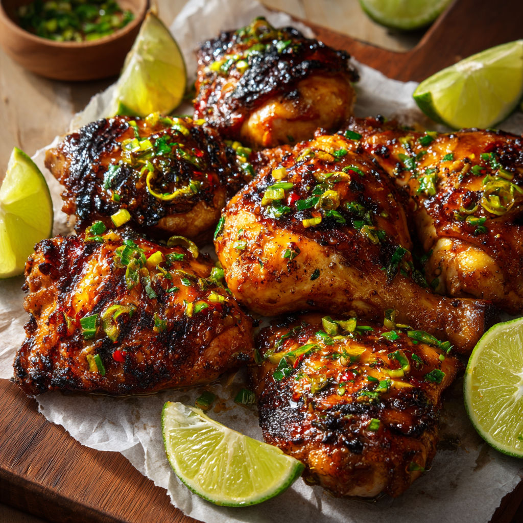 Des morceaux de poulet grillés avec des légumes verts et des citrons verts.
