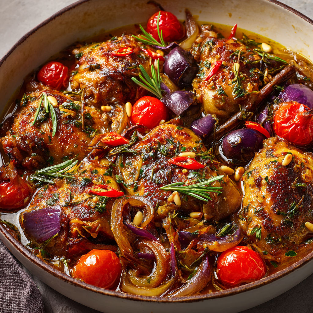 Poulet Salina de Jamie Oliver servi dans un bol avec légumes fondants et épices méditerranéennes.