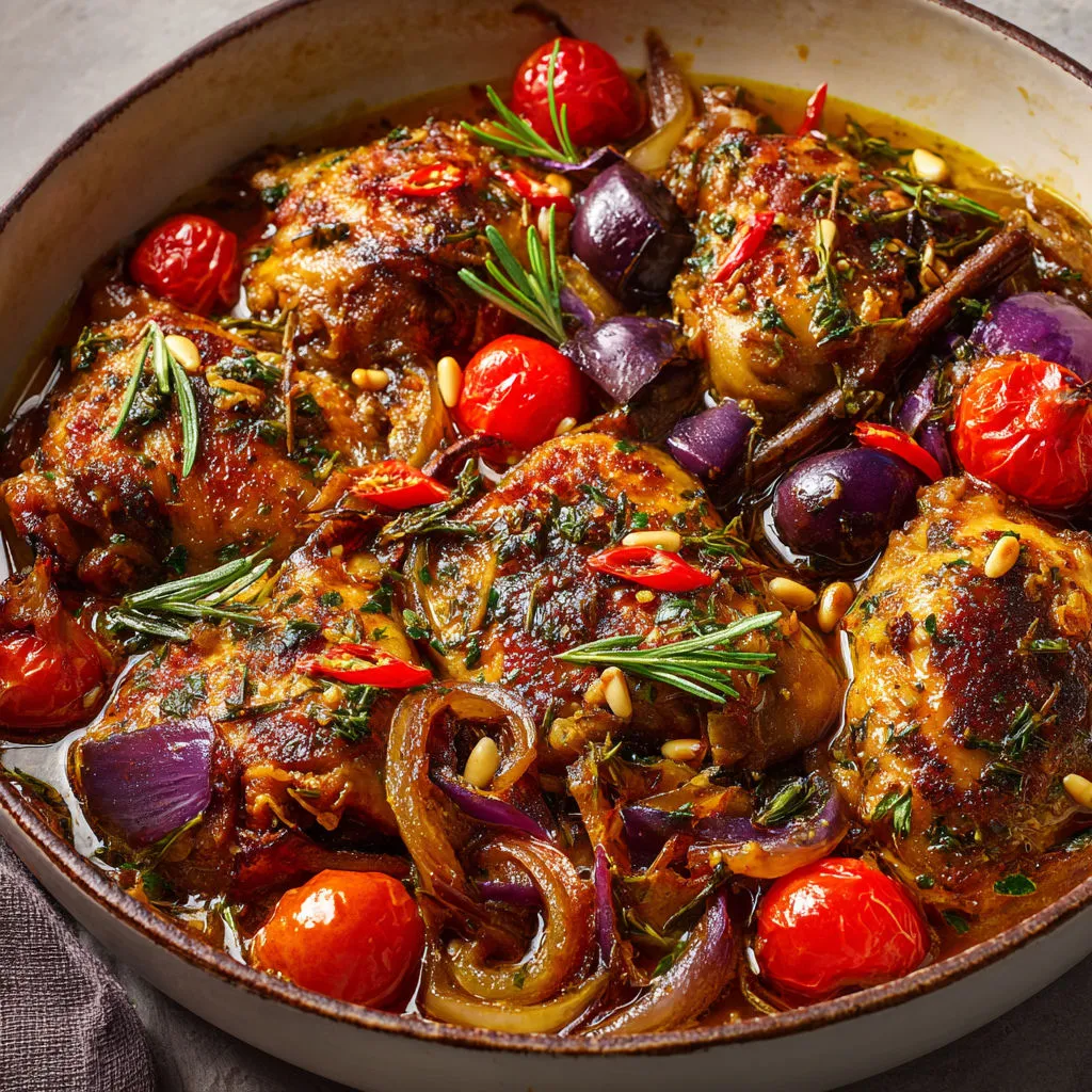 Poulet Salina de Jamie Oliver servi dans un bol avec légumes fondants et épices méditerranéennes.