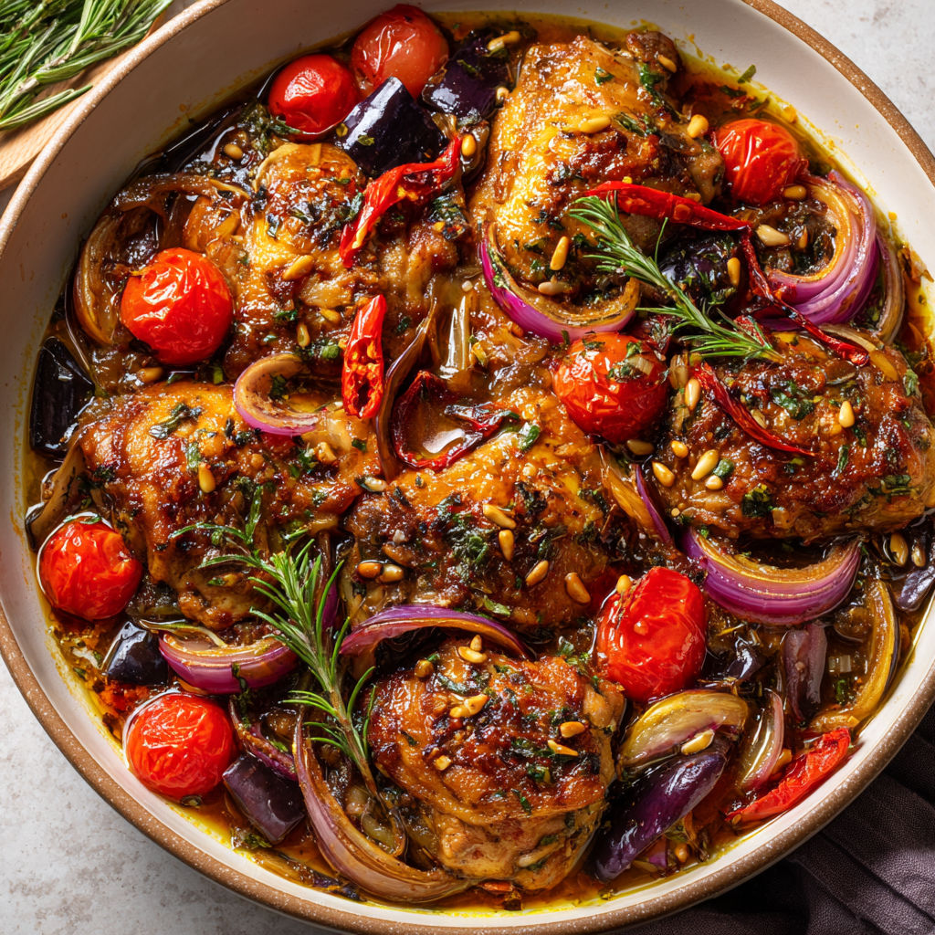 Poulet Salina de Jamie Oliver garni de légumes et d’épices méditerranéens, bien doré dans un plat familial.