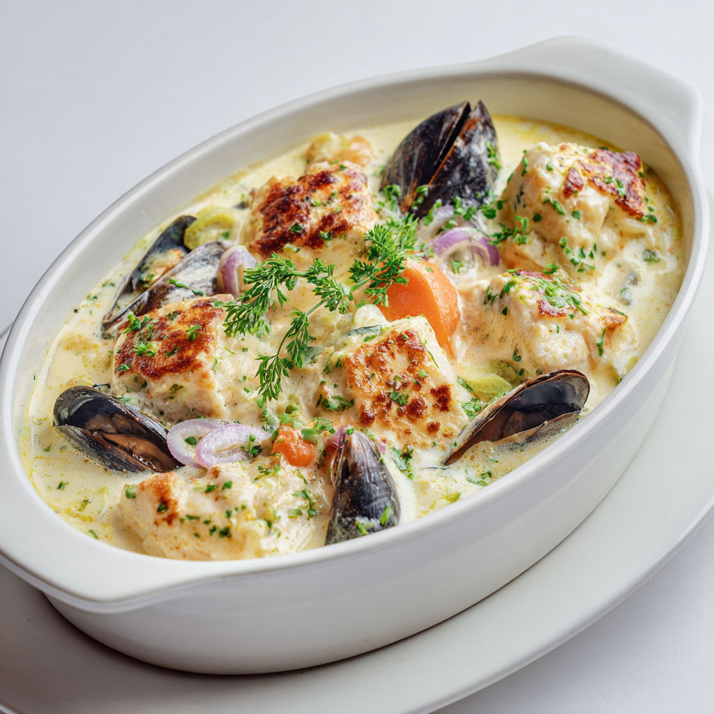 Une blanquette mélangée de poissons et moules, présentée avec des légumes et des herbes fraîches.