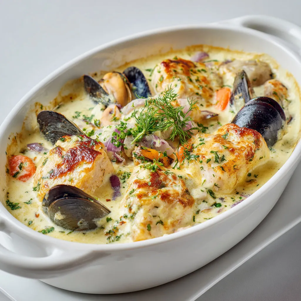 Blanquette cabillaud saumon moules crémeuse raffinée en photo.