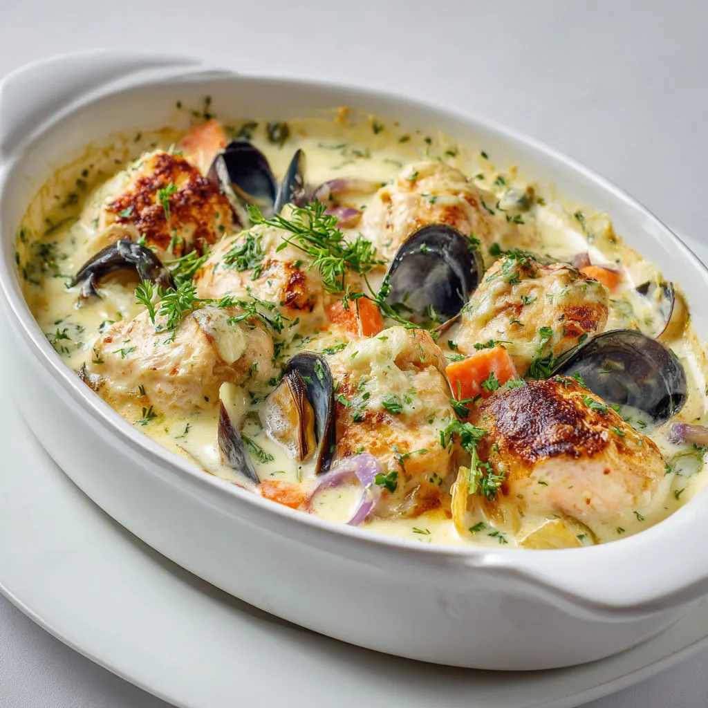 Plat crémeux de la mer avec poissons et moules, sauce safranée.