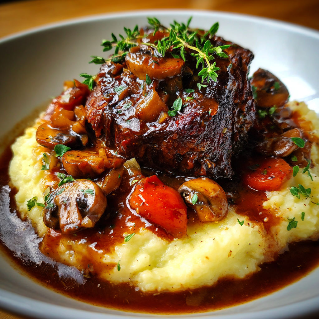 Un délicieux plat de bœuf mijoté, champignons tendres et purée maison, le tout joliment dressé.