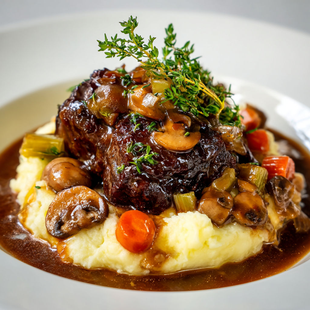 Joue de bœuf mijotée au vin rouge, champignons sautés et purée onctueuse.