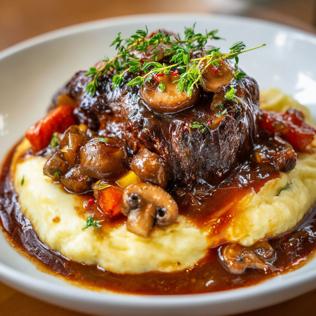 Bœuf longuement mijoté aux légumes, sauce parfumée et purée écrasée maison.
