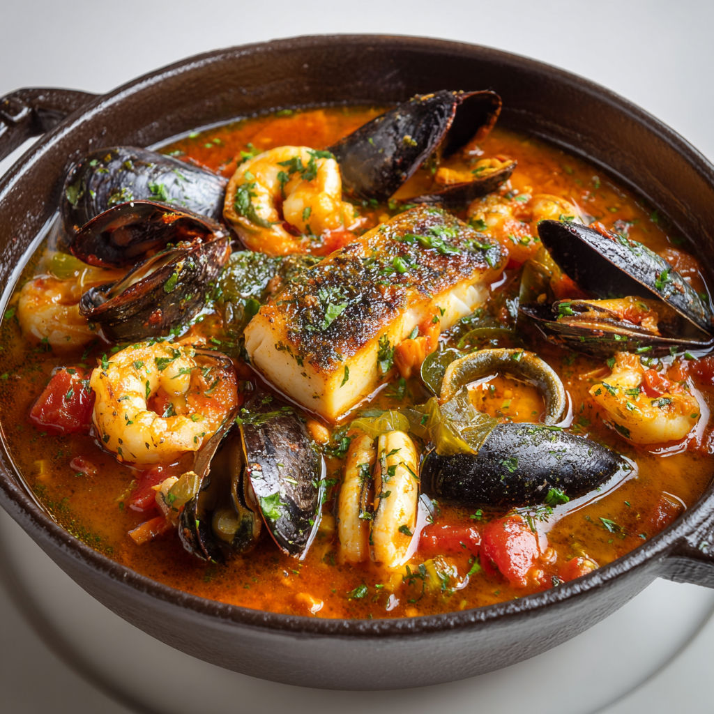 Plat généreux de marmite marine accompagné de rouille maison dans une cocotte en fonte.