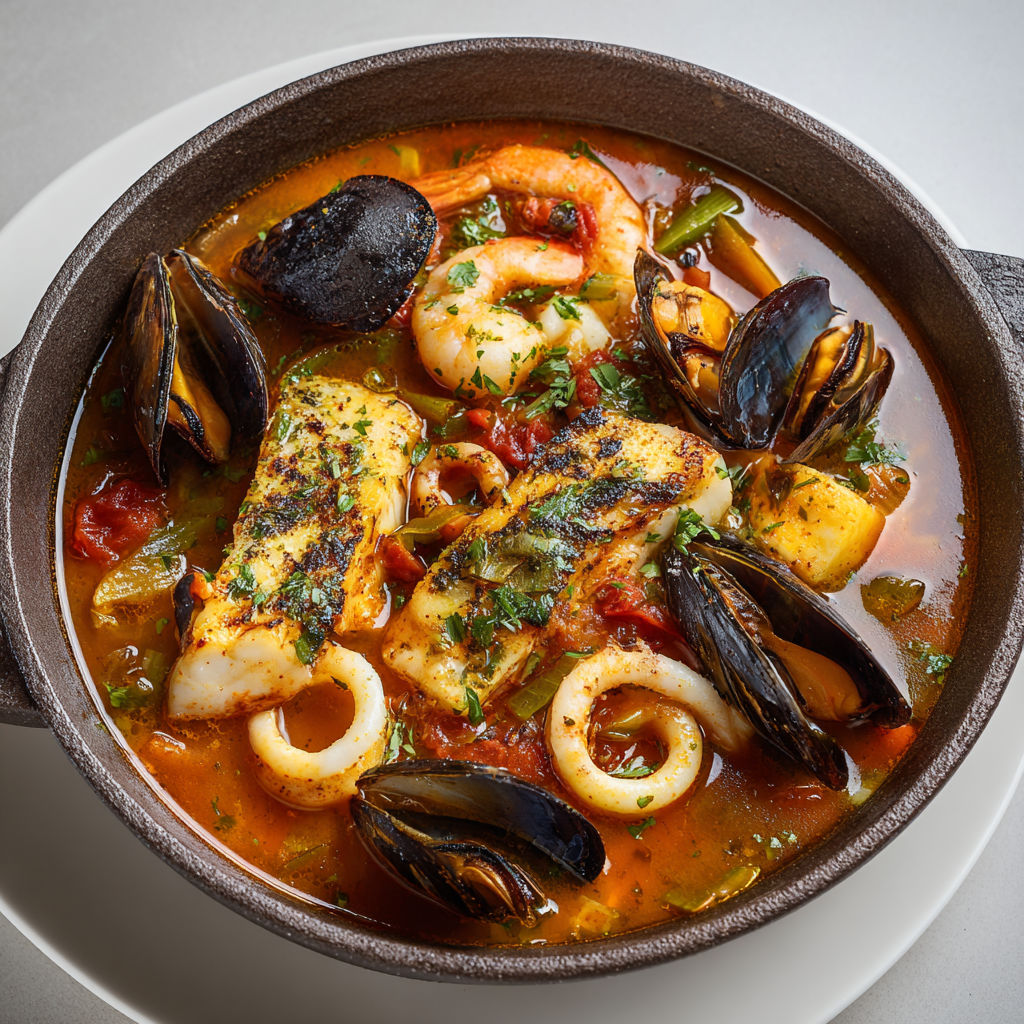 Cassolette marine du Sud, rouille pep’s, poisson fondant.