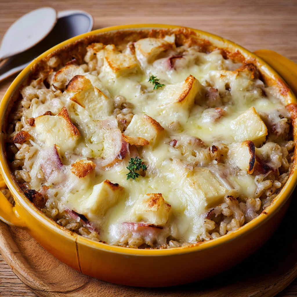 Croziflette fondante au jambon cru et reblochon bien doré.