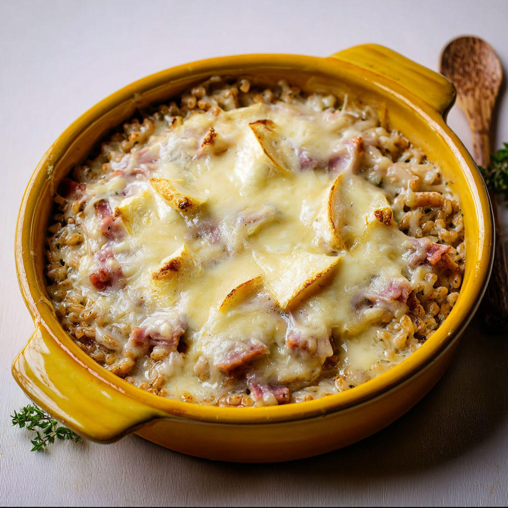 Gratin de crozets au sarrasin, jambon savoyard et crème fondante.