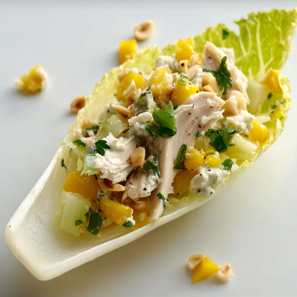 Endive garnie de poulet, mangue et noix avec une touche citronnée.