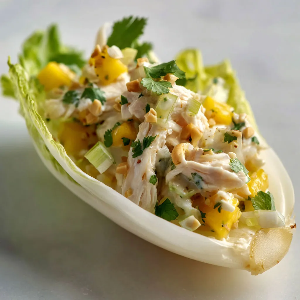 Feuilles d’endives garnies avec poulet, mangue & noix façon apéro frais.