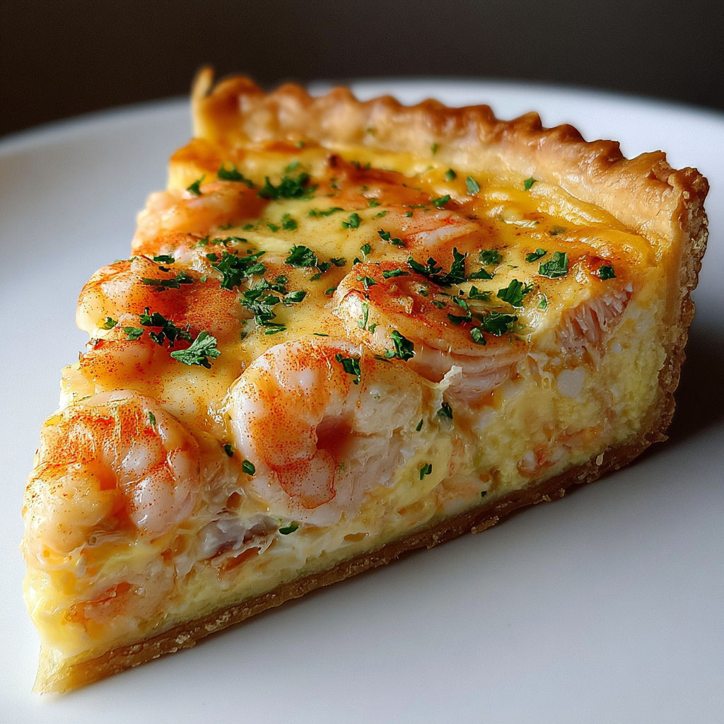 Tarte gourmande aux crevettes de Floride présentée sur un plateau.