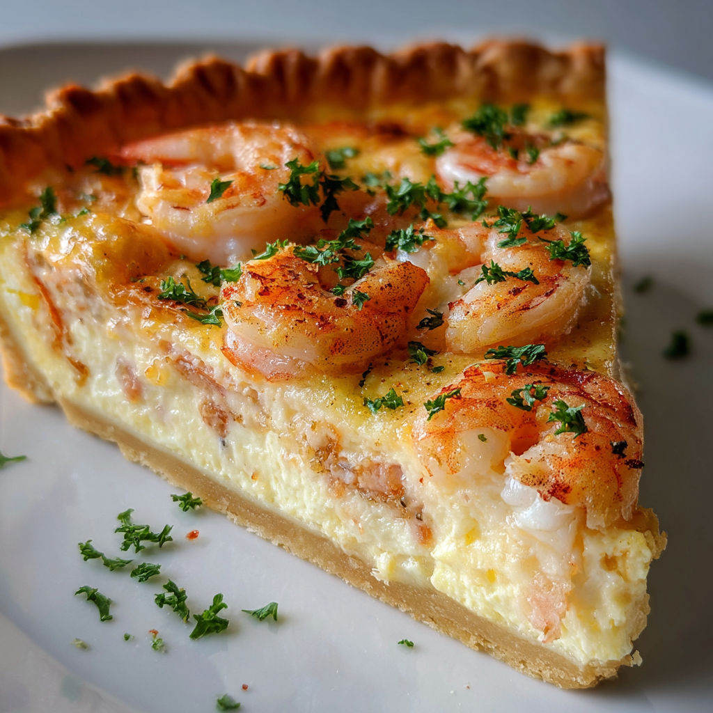 Délicieuse tarte aux crevettes, pâte maison et cœur crémeux.