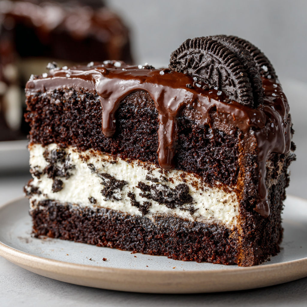 Gâteau Oreo XXL présenté avec un glaçage au chocolat et des morceaux de biscuits.