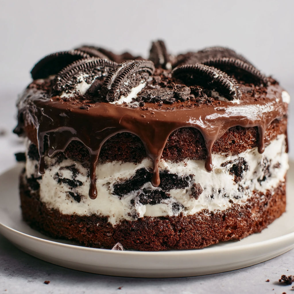 Gros layer cake aux biscuits Oreo et glaçage brillant au chocolat.
