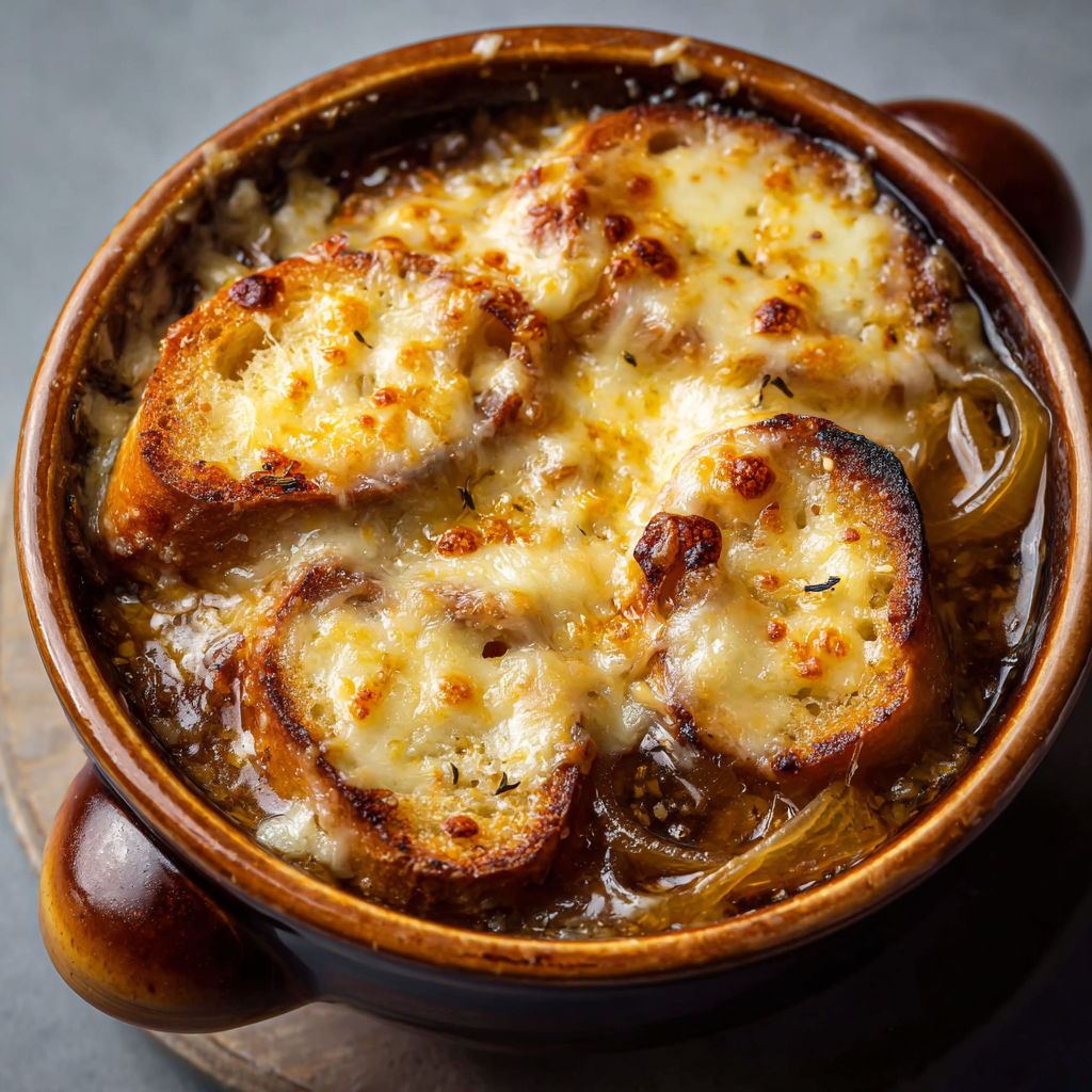 Un bol de soupe gratinée aux oignons avec une croûte de beaufort doré.