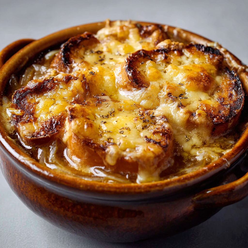 Un bol d’oignons fondus gratinés au beaufort façon bistrot savoyard.