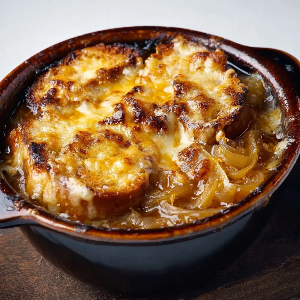 Oignons dorés, croûtons croustillants, beaufort coulant.