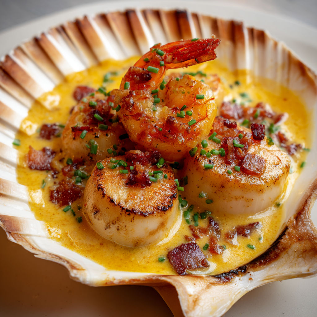 Saint-Jacques poêlées avec lard croustillant et crème safran, parsemées d'herbes fraîches.