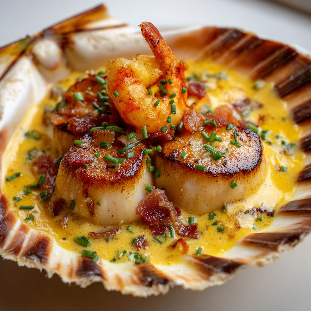 Saint-Jacques snackées, lard croustillant et crème au safran.