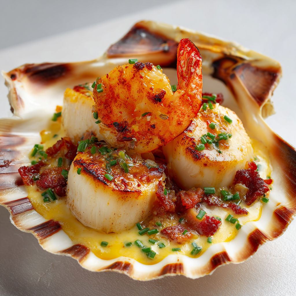 Saint-Jacques poêlées et lard fumé sur crème safranée.