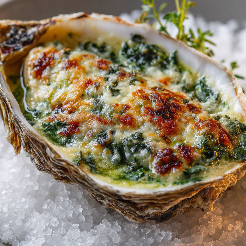 Une huître garnie d'épinards et bacon gratiné servie sur un lit de sel.