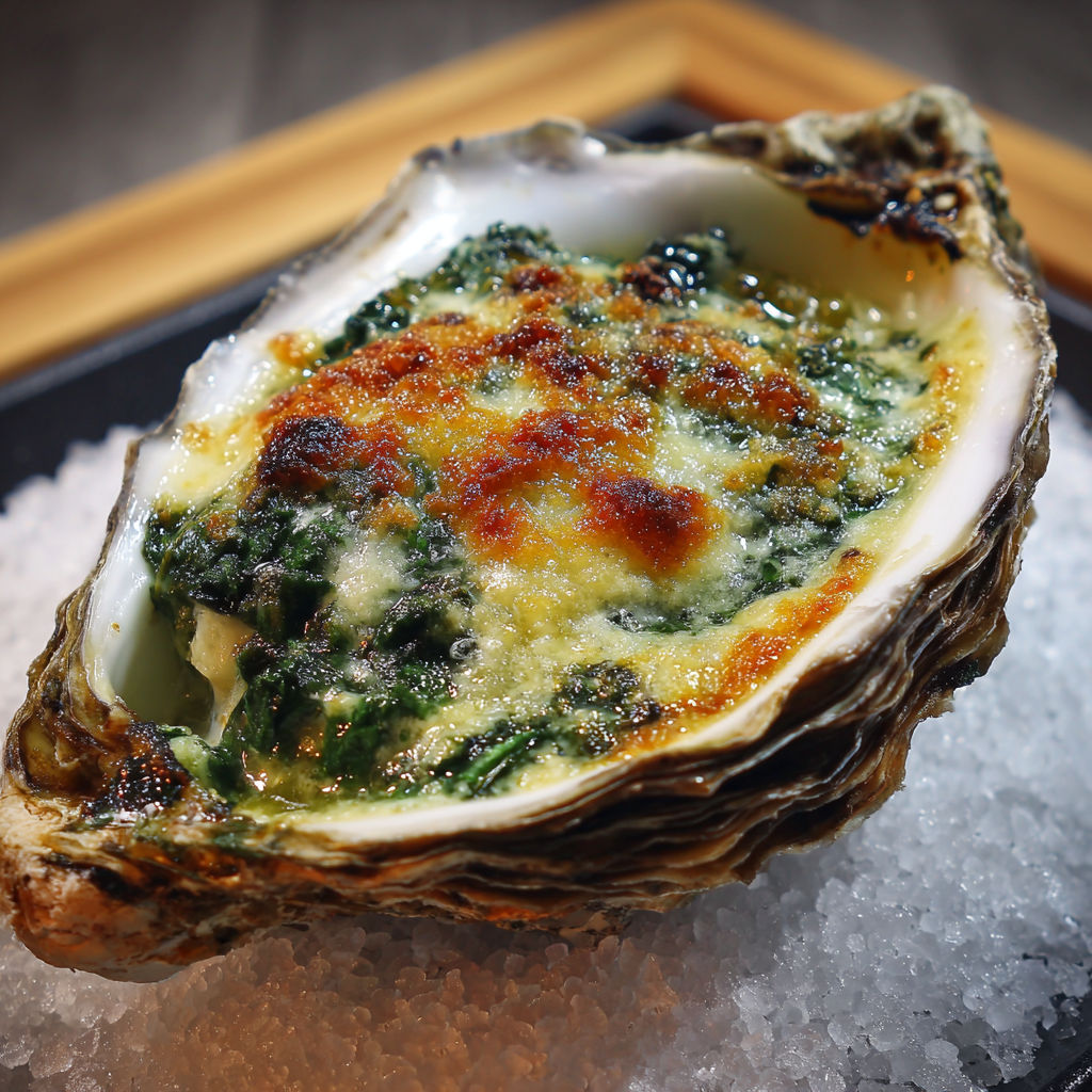 Huître Rockefeller toute chaude, croustillante, la sauce verte aux herbes s’invite sur le plateau.