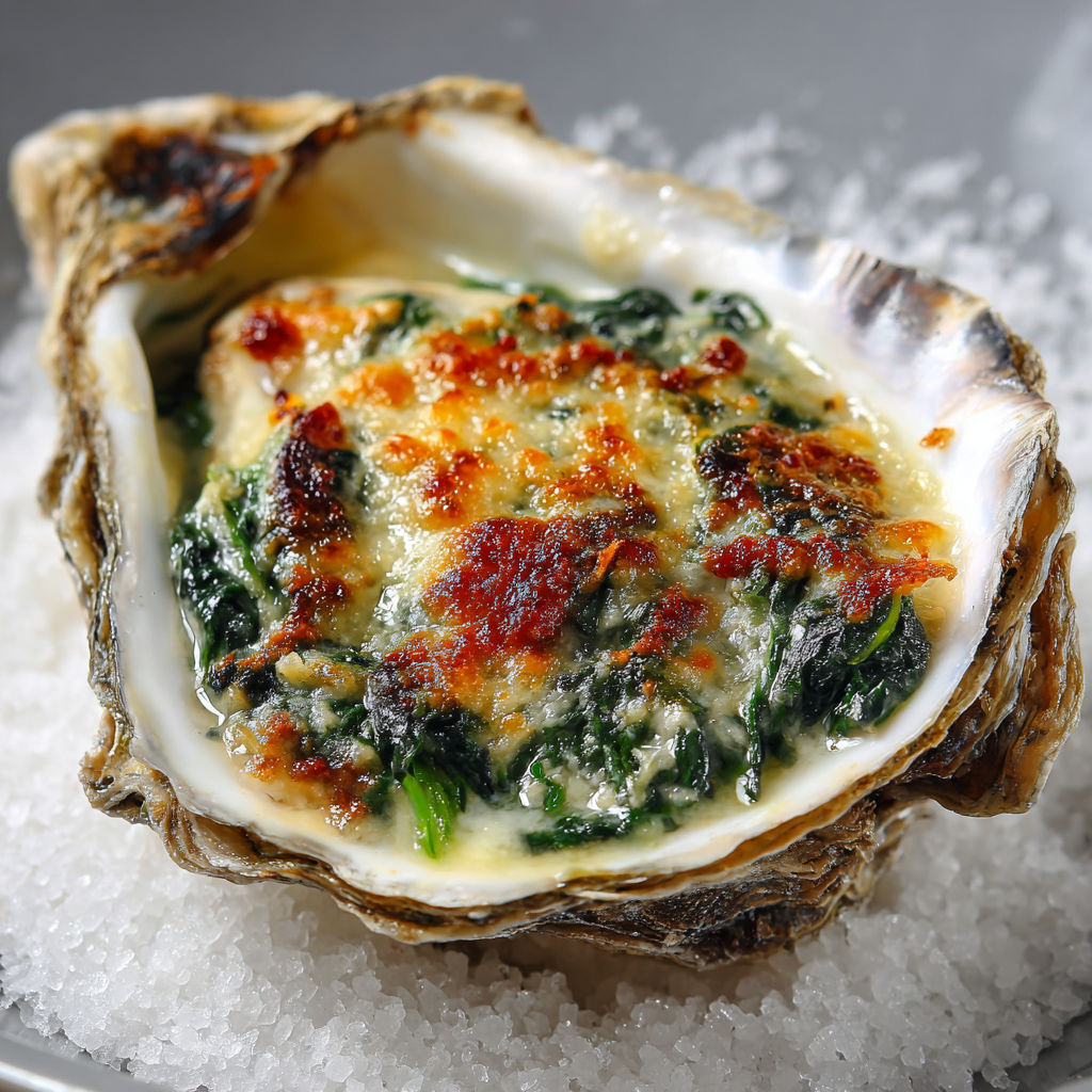 On découvre un plateau de belles huîtres Rockefeller, gratinées, posées sur du sable.