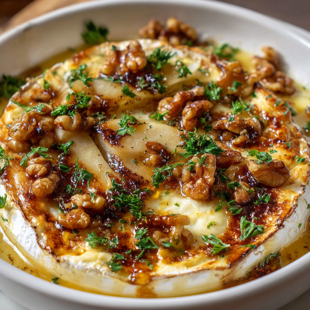 Brie chaud avec poires, noix et miel dans un bol.