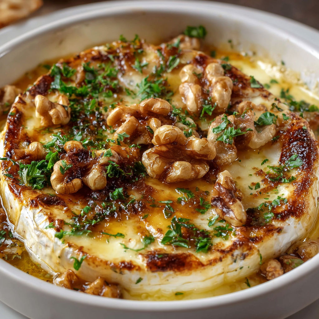 Un bol rempli de brie chaud aux poires, noix et miel.
