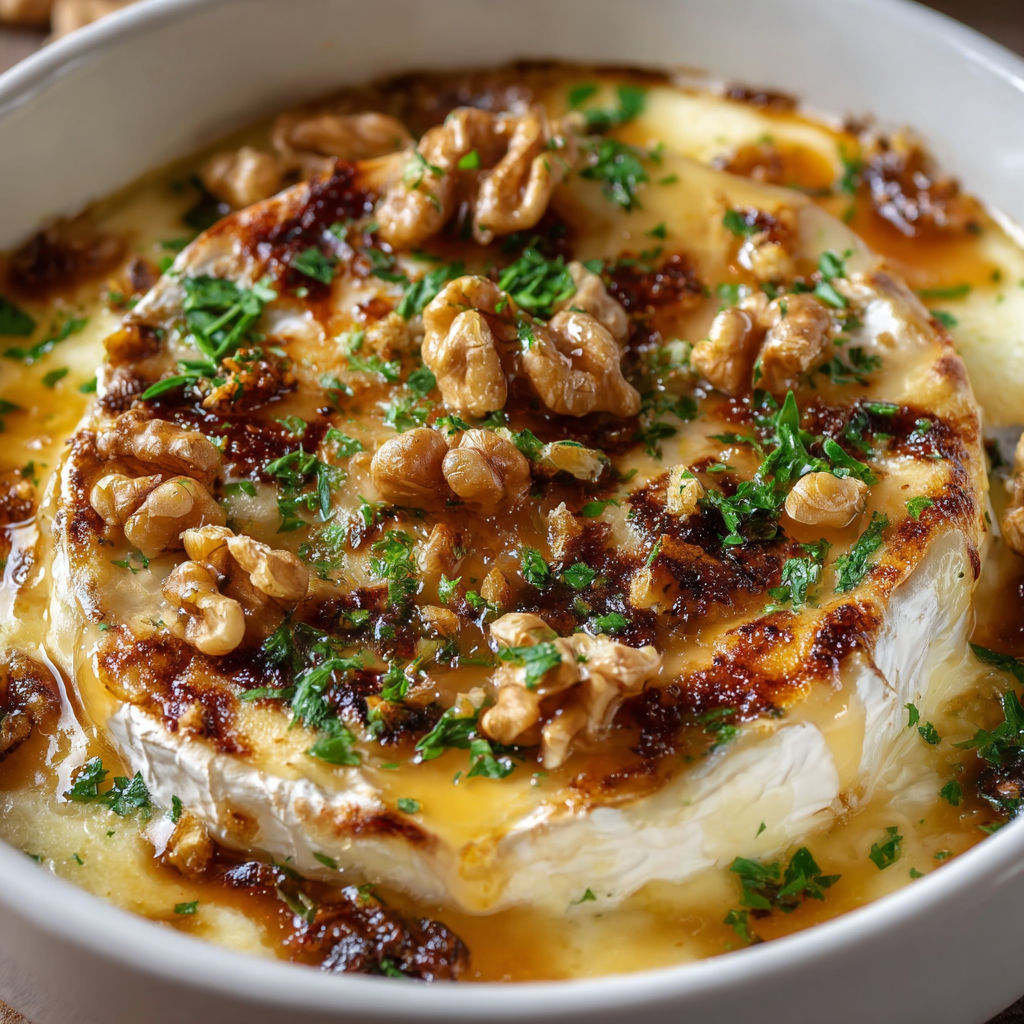 Une part de brie chaud poires, noix et miel dans un bol blanc sur un plateau.