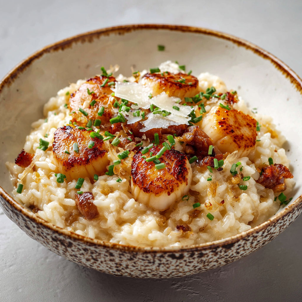 Risotto crémeux aux noix de Saint-Jacques, décoré avec des herbes fraîches.