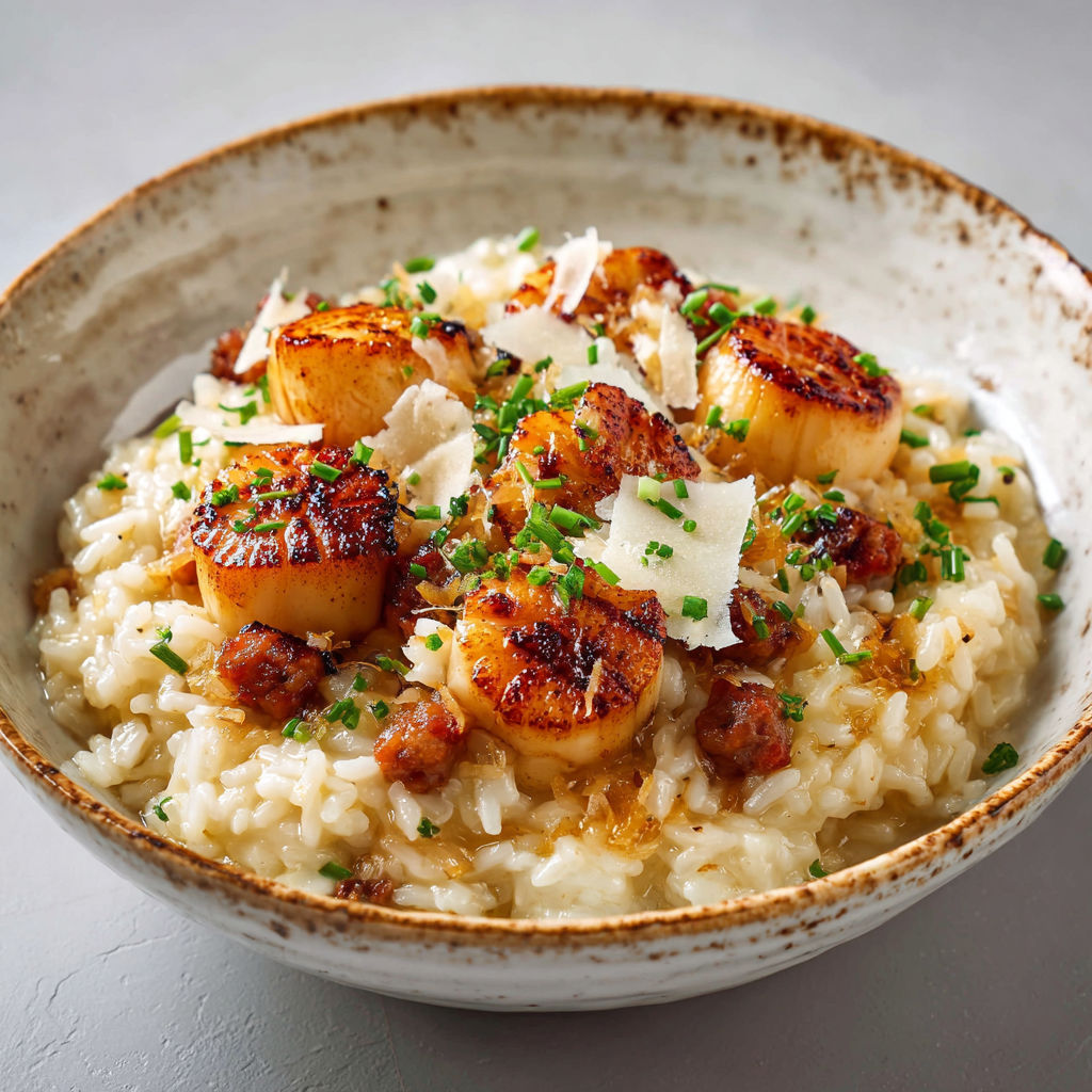 Risotto onctueux avec Saint-Jacques dorées et saucisses savoureuses.