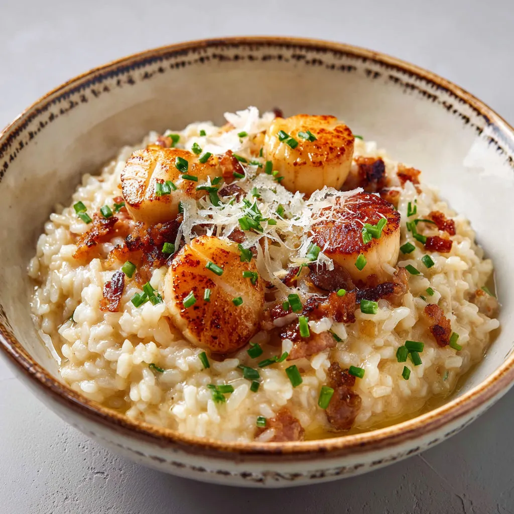 Saint-Jacques dorées sur un risotto crémeux au parmesan.