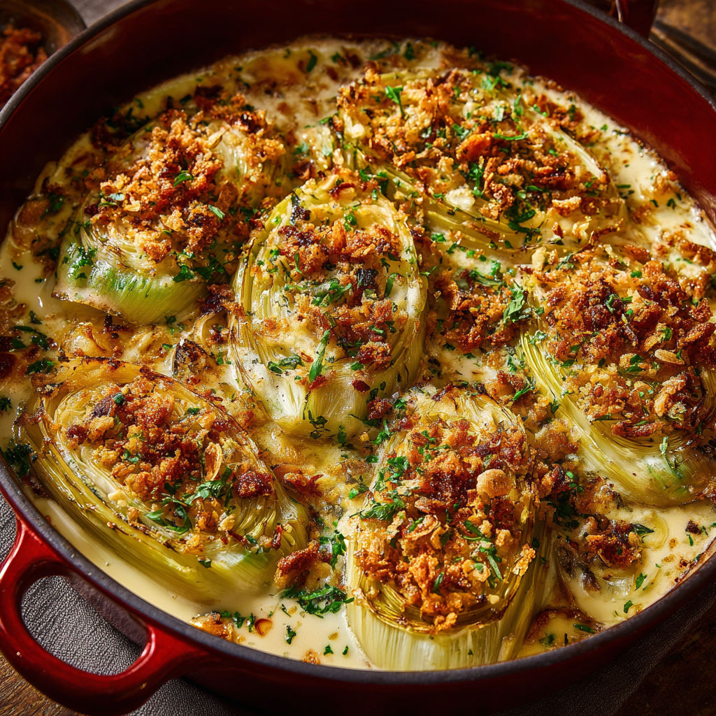 Une poêle pleine de poireaux moelleux et gratinés.