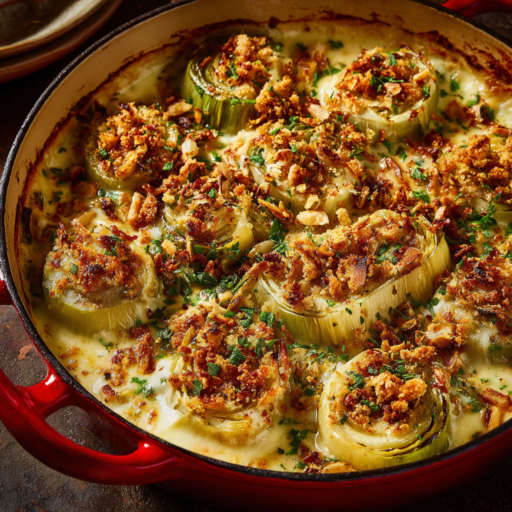 Poireaux fondants au gruyère doré et amandes croustillantes.