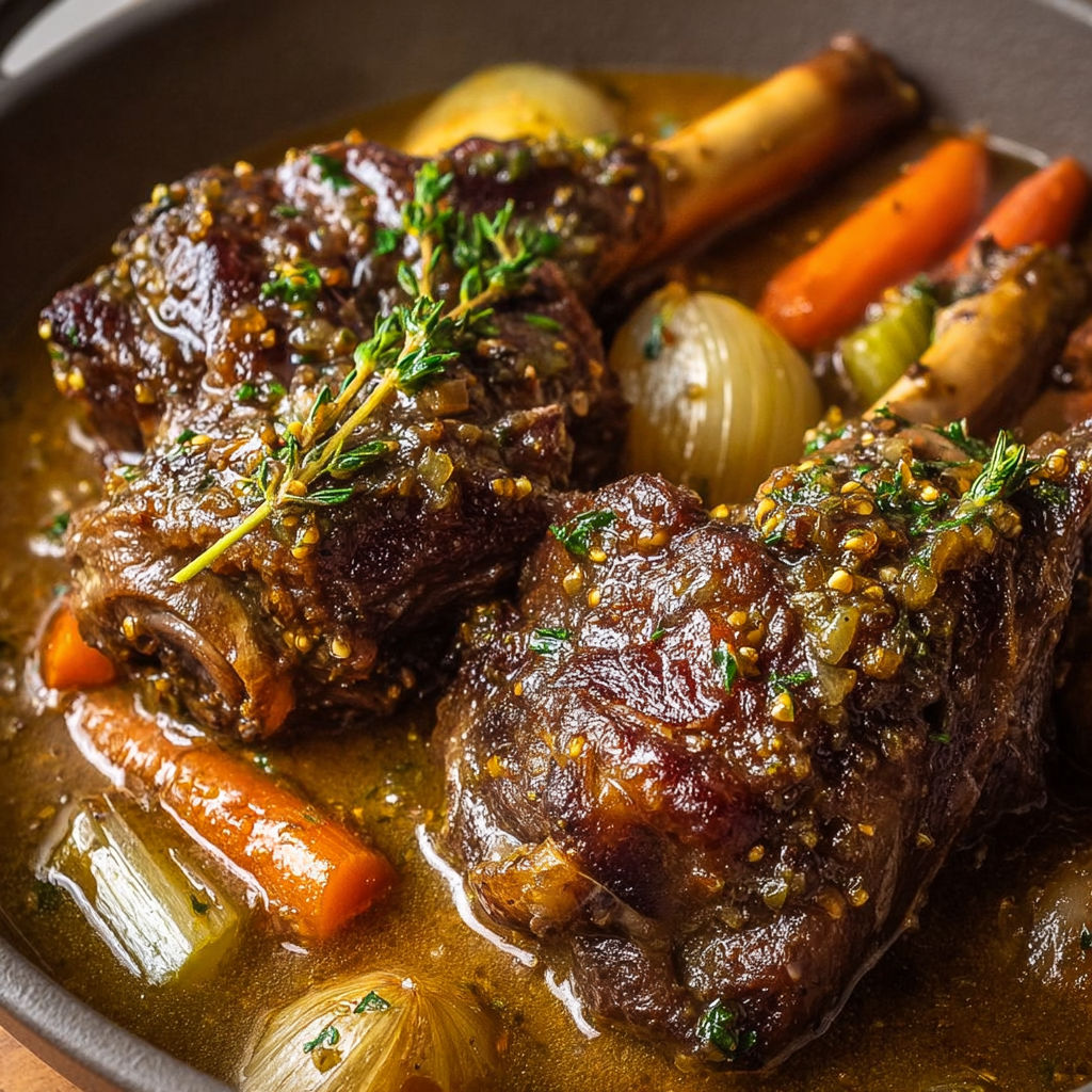 Jarrets d'agneau mijotés avec moutarde et légumes, un plat convivial.
