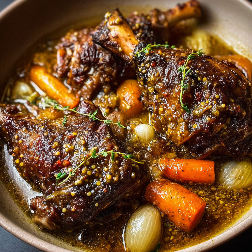 Jarrets d’agneau tout doux à la moutarde et légumes mijotés.